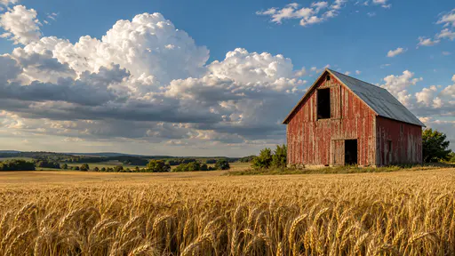 A lone weathered red barn with peeling paint and an open loft door in ripe golden wheat, a low horizon of trees and hills, towering cumulus clouds in a blue sky.