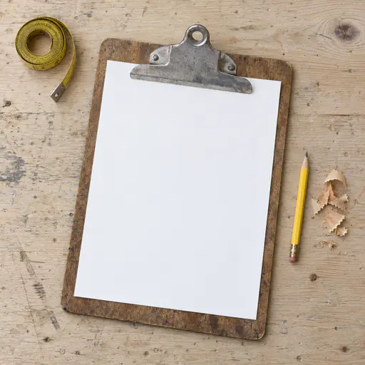 A worn wooden clipboard with a steel clip and blank white paper at an angle on a scarred pine workbench, a short pencil, pale shavings and a coiled tape measure.
