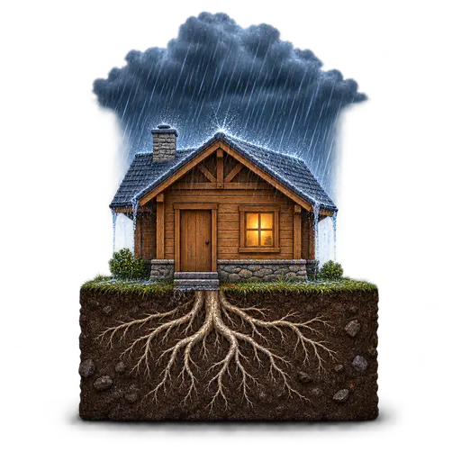 Weathering the storm: a sturdy timber house stands on its own cross-section of earth, deep roots anchoring the foundation as a curtain of heavy rain streams off its unbroken roof while one warm window glows steadily.