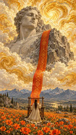 A tiny robed weaver works before a colossal half-carved stone giant under a swirling cream-and-gold sky, an orange cloth band bridging them.