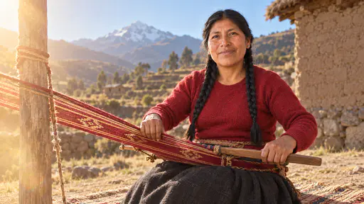 A sturdy woman with two long black braids and small silver studs, in a deep red wool sweater, sits on a woven mat weaving red and ochre cloth on a backstrap loom in front of a mud-brick house, terraced hillsides and a white-capped peak behind her in low golden sun.