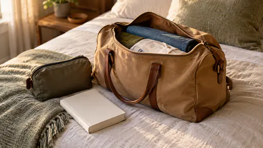In golden evening light at the corner of a made bed a small tan weekender bag stands open with neatly folded clothes, a wash bag and one blank-covered paperback laid out beside it for an overnight stay seen from a slight high angle.