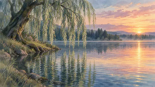 A weeping willow leans from the left bank over a still lake at dawn with pale trailing strands against dark washes and a broken reflection.