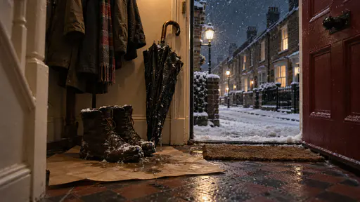 Wet boots and a dripping black umbrella stand lined up on plain brown paper on a tiled floor just inside a dark red front door in warm hall light with snow falling outside.