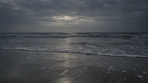 A wide sheet of wet sand carries a thin retreating line of foam seaward under a grey night sky with the sand faintly reflecting the sky light.
