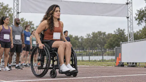 A woman with long dark wavy hair and a caramel streak sits in her plain black manual wheelchair with both hands resting on the pushrims looking down a paved track at the start line of a community fun-run under a blank banner.