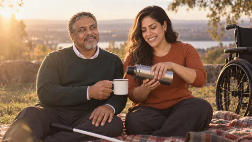 A woman with long wavy dark hair beside her black wheelchair pours tea from a steel flask into an enamel mug held by a stocky man with greying curls and a white cane lying on a picnic blanket, low golden sun streaming across the scene.