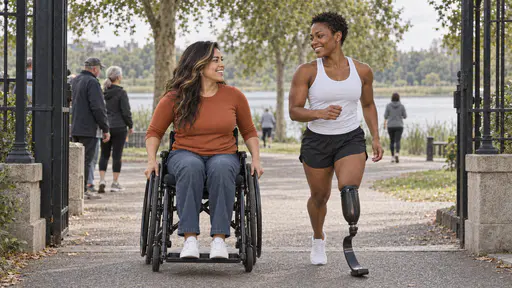 A woman in a black manual wheelchair with long wavy dark hair and a lean runner with a carbon-fibre blade on her right leg and close-cropped hair set off side by side from a lakeside park gate onto a paved loop path, with a lake, reeds and plane trees behind.