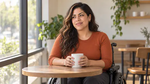 A woman with long wavy dark hair and a caramel streak in a terracotta top, seated in a black wheelchair at a small round cafe table, holding a white mug in both hands beside a tall window with soft daylight on her face.