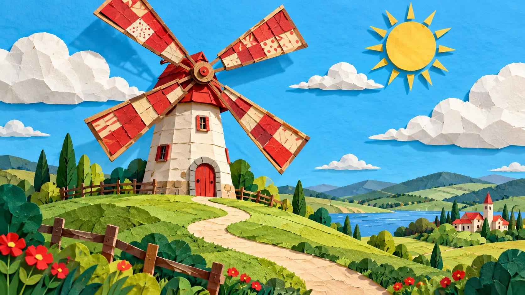 A whimsical windmill has blades that are a collage of painted wood, patterned fabric sails and rope and stands on a green hill with a winding path and a bright sky.