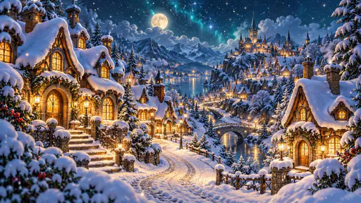 A whimsical snowy winter village glows at night with tiny colorful windows and snow covered roofs beneath a starry blue sky full of falling snowflakes.