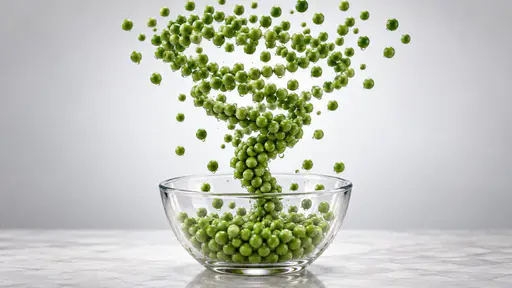 Whirled peas: A suspended tornado of separate green peas rises from a transparent glass bowl, the spiral's narrow base touching the bowl and its wider top still showing individual peas, lit by crisp studio light against a quiet unlettered background.