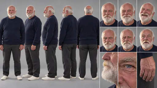 A 16:9 studio character sheet of a white-bearded man with a gold earring in a navy sweater, grey trousers and off-white sneakers, shown in five full-body views, six expressions and three close details.