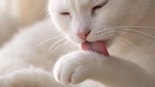 An adult white cat grooms its front paw with its pink tongue in a razor-sharp macro with fine fur and whiskers and a soft cream background.