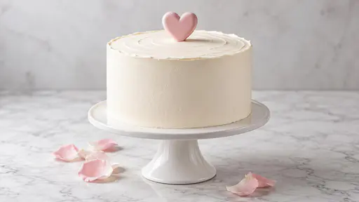 A round white celebration cake with smooth buttercream frosting and a small heart shaped cake topper stands on a cake stand beside a few pale pink petals against a soft bright background.