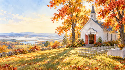 A white clapboard church with propped open doors, folding chairs and a coffee urn on the lawn stands beneath russet and gold autumn maples in broken impressionist watercolor washes.