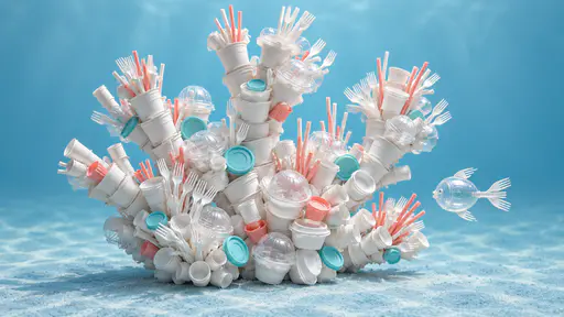 A reef of stacked white cups and domed lids with pale turquoise accents rests on a pale ground beside one small fish built from a clear lid and two plastic forks.