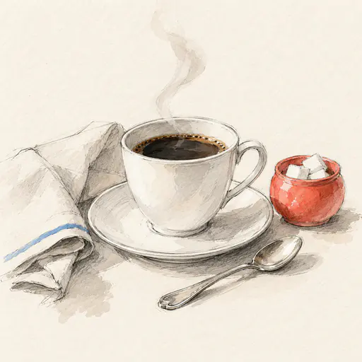 A white porcelain cup of black coffee with curling steam sits on a saucer beside a silver spoon, a folded linen napkin and a small coral sugar bowl in graphite and watercolor.