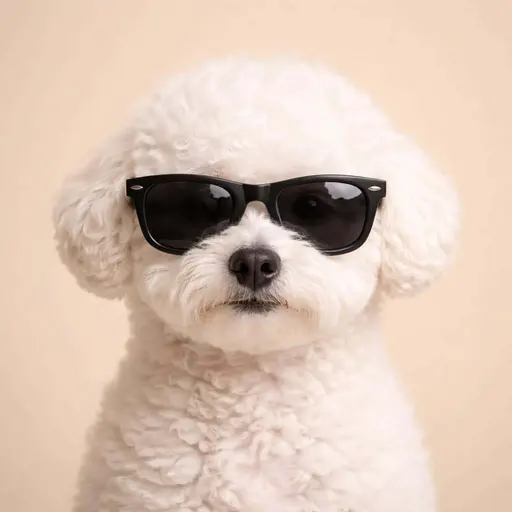 Close-up square portrait of a small white fluffy dog wearing black sunglasses, photographed with soft frontal light and a neutral beige background for a clean, minimal aesthetic.