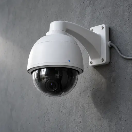 A white dome security camera with a smoked glass dome sits on a mounting arm against a smooth grey concrete wall in soft studio light.