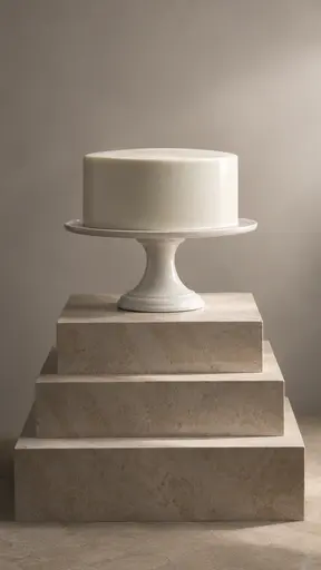 A smooth white glazed round cake sits on a tall footed white porcelain cake stand on a stepped honed stone pedestal against a pale warm grey backdrop in a studio photograph.