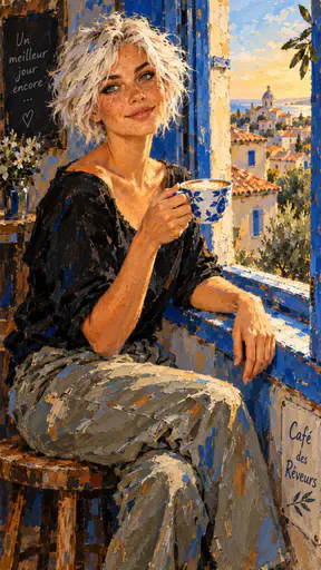 A white-haired woman holds a blue-and-white coffee cup at a café window, painted with bold orange light, cobalt shadows, and energetic scraped strokes.
