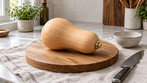 One smooth tan butternut squash lies whole with its short stem on a round oak board over a pale linen cloth on a kitchen bench, a steel knife and a small bowl beside it in soft window light.