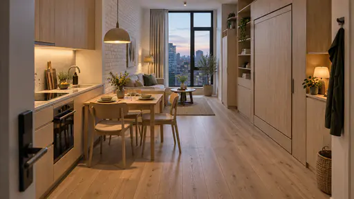A compact thirty square metre flat seen from the door in the evening with the bed folded up, the drop-leaf table folded out and set for a shared meal for three with three plain chairs, the desk corner closed and one warm pendant over the kitchen, with a clear path to the window.
