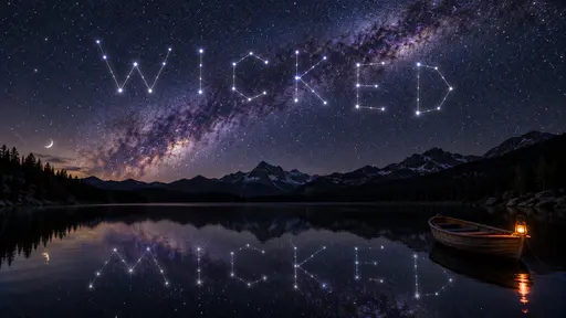 The word WICKED drawn as constellations of bright white stars joined by silver lines across a night sky with the Milky Way arching behind it, mirrored in a still black lake with a lantern lit in a small rowboat.