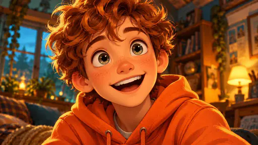 A young boy with tousled auburn curls and wide eyes looks up in delighted surprise in a bright orange hoodie against a warm teal glow.