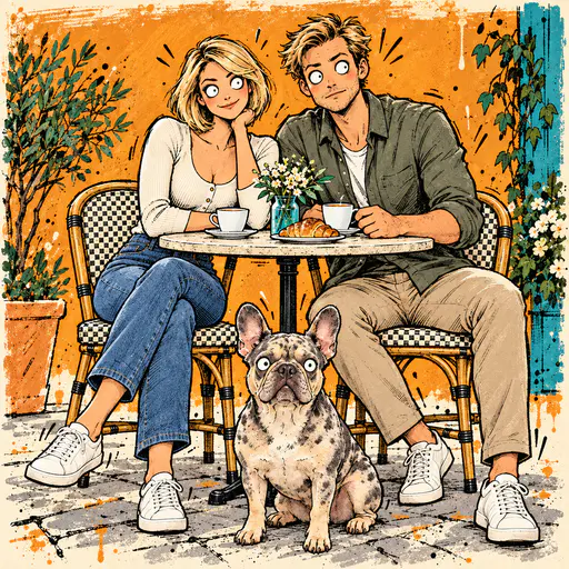 Comic-style cafe scene with a wide-eyed couple and bulldog, jittery ink lines and a rough orange painted backdrop.