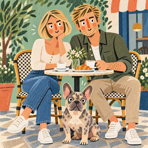 A bold textured cartoon shows a wide-eyed couple and French bulldog at a cafe table among plants, checkered chairs and a striped awning.