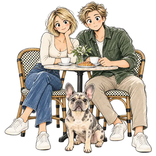 A transparent ink-and-paint illustration shows a wide-eyed couple at a cafe table with a French bulldog seated in front.