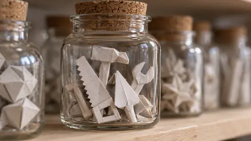 A clear wide-mouthed glass jar with a cork stopper on a pale wooden shelf holds a tangle of miniature folded paper tools: a hammer, a saw, a trowel and a spanner, shot close so the folds read as paper.