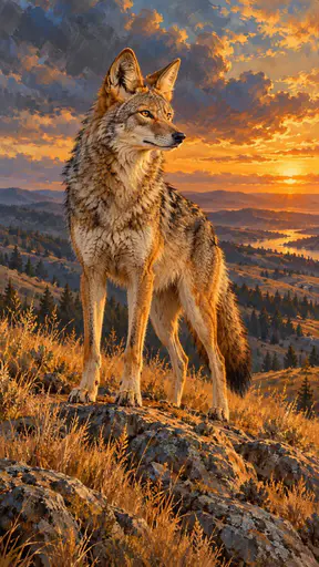 A beautiful wild coyote stands alert on a ridge at golden hour with a thick tawny and grey coat and pointed ears forward with dry grass and distant hills glowing behind.