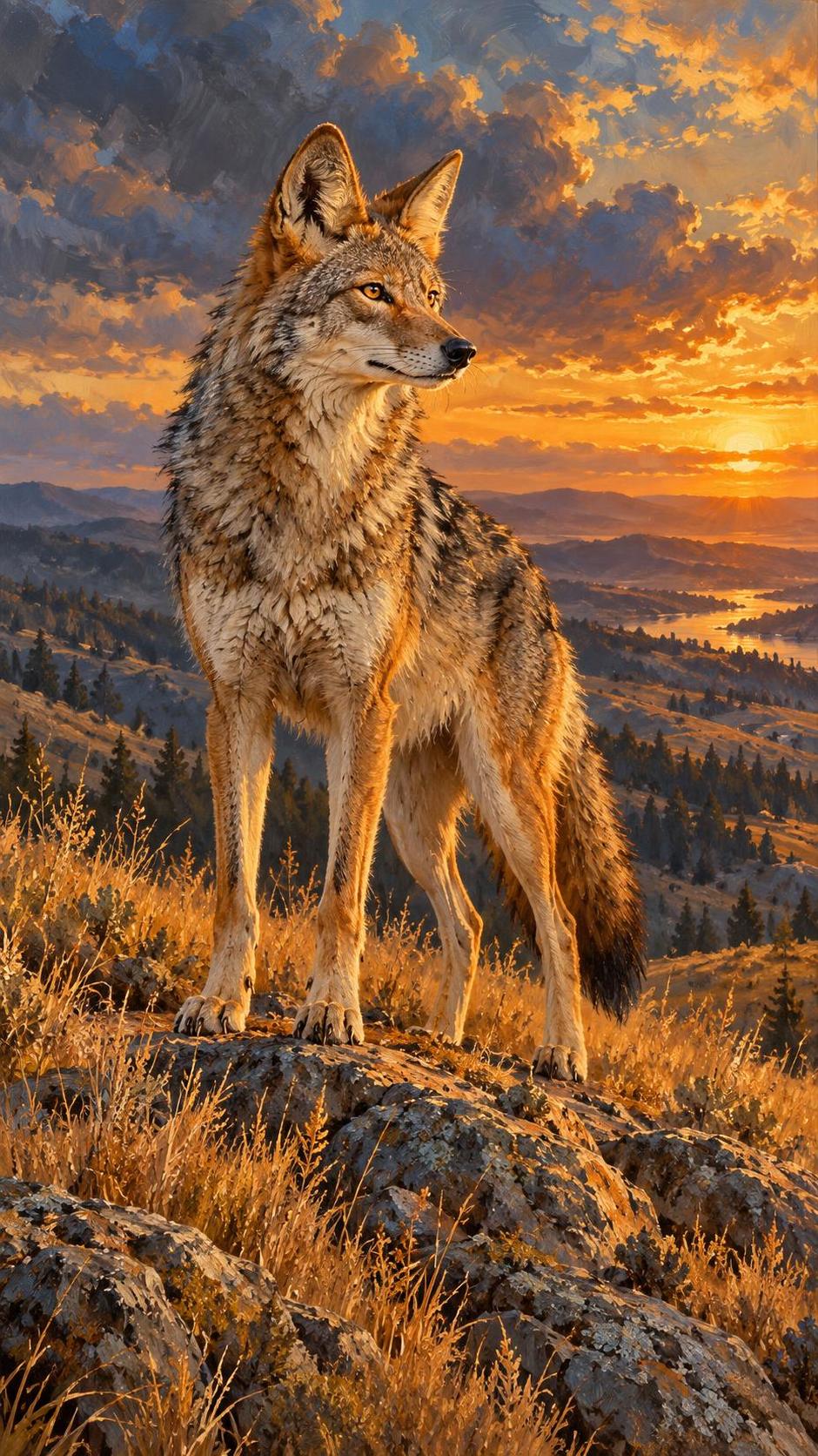 A beautiful wild coyote stands alert on a ridge at golden hour with a thick tawny and grey coat and pointed ears forward with dry grass and distant hills glowing behind.