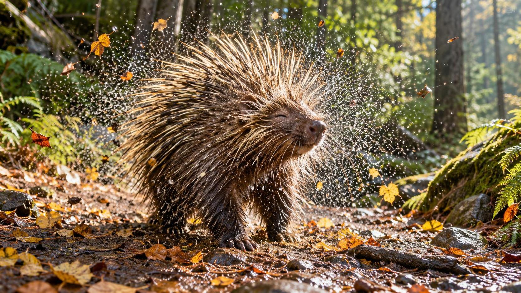 A wild porcupine shakes itself on a forest trail with long quills fanning out in a bristling halo and dust and leaves flying in soft woodland light.