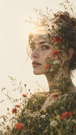 A three-quarter profile of an invented woman is filled with a wildflower meadow: grasses and seed heads cross her brow and cheek, poppies cluster along her temple and jaw, and loose stems drift away at her shoulder.