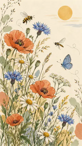 Tall poppy, cornflower and daisy blooms on scribbled stems are visited by a honeybee, a hoverfly and a small butterfly with looping flight lines in a retro scribble and wash illustration on cream paper.
