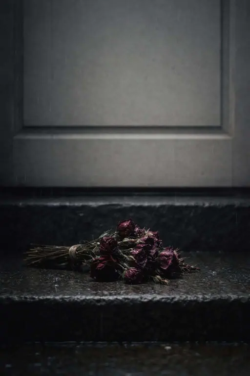 Vertical 2:3 cinematic still-life of a small wilted bouquet left on a wet doorstep in light rain, petals darkened and muted tones conveying quiet loss.