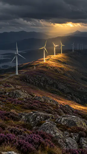 A line of white wind turbines on a heathery ridge under heavy slate clouds has a single bounded patch of low warm sunlight breaking through to light three turbines and the slope below.