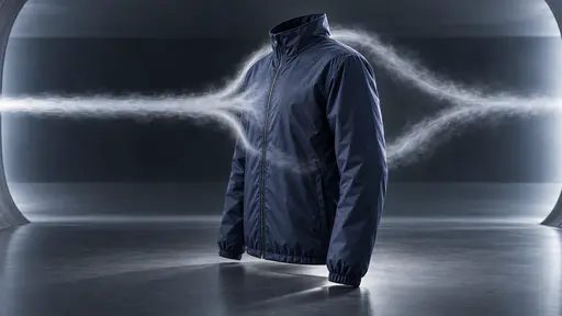 Side three-quarter product photograph of an empty navy windbreaker jacket standing upright in a studio wind tunnel, one pale mist ribbon splitting into two streams around its shoulders and reuniting behind it under soft backlighting.