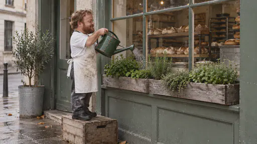 A short-statured man in his forties with a thick red-brown beard in a flour-dusted bakery apron stands on a plain wooden crate tipping a battered green enamel watering can with copper stitches over plain window boxes of herbs in warm closing-time light.