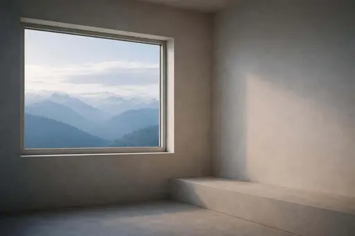 A wide 3:2 photographic scene of a large window framing distant mountains and clouds, seen from an empty minimalist interior with soft natural light, ideal for wallpaper.