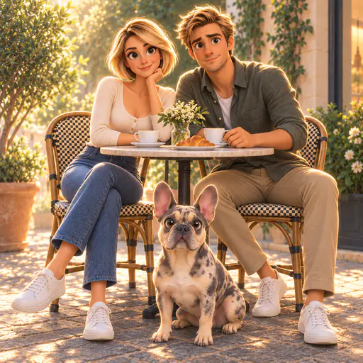 Softly lit cartoon-style couple with big eyes at a cafe table with coffee and a croissant and a merle French bulldog on a sunlit terrace
