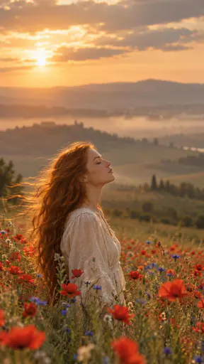 A young woman with long windswept copper red hair in a cream linen blouse stands in profile in a dusky meadow of poppies and cornflowers at golden hour with soft haze above.
