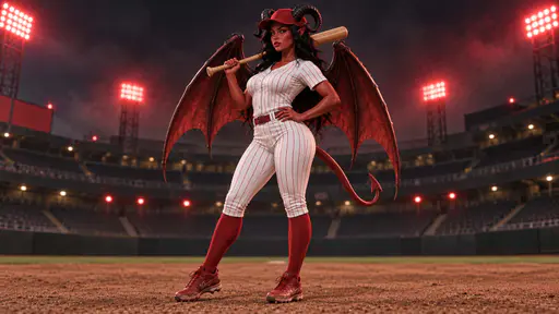 A horned baseball woman poses alone with a bat over her shoulders, white pinstripes and crimson wings illuminated against empty red-lit grandstands.