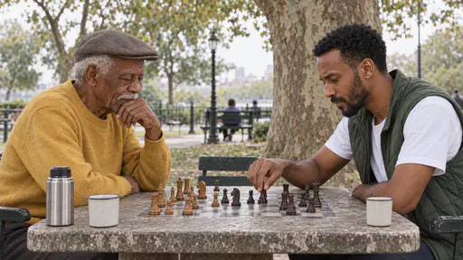 A tall elderly man in a flat cap rests his chin on one hand studying a chessboard while a younger bearded man in a green vest leans forward with a finger on a pawn at a stone park table under a plane tree.