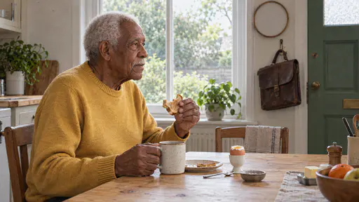 A tall elderly man in a mustard sweater eats toast and a boiled egg from an egg cup with a mug of tea at a pine kitchen table in bright late-morning light beside a window and an unused leather briefcase on a hook.