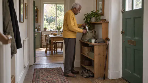 A tall elderly man in a mustard sweater packs a steel flask and two cups into a canvas bag at an oak shelf by a green front door with his cap, walking stick and shoes laid ready in soft evening light.